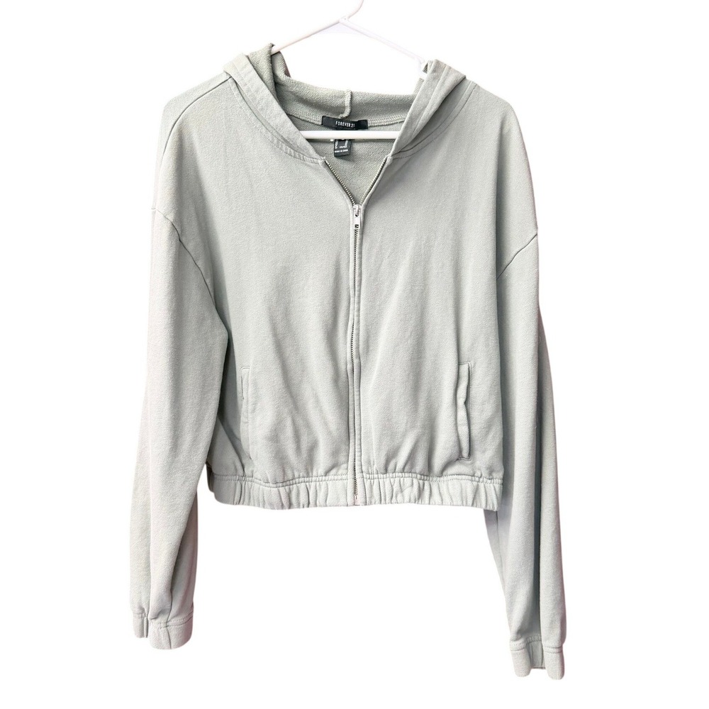 Forever 21 Hoodie Women XL Sage Green Cropped Full Zip Elastic Hem Long Sleeve